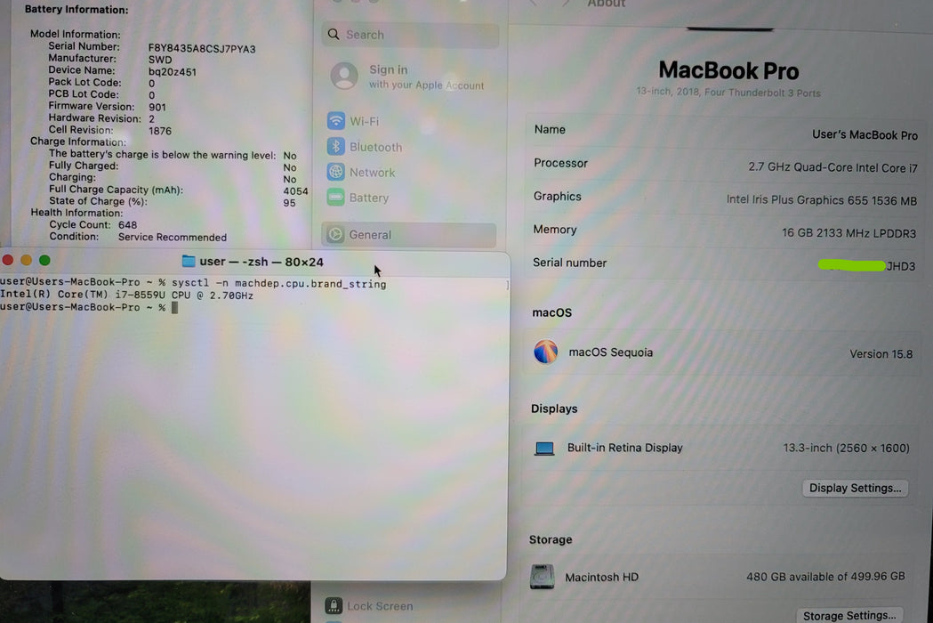 Apple MacBook Pro  A1989 13" 2018 i7-8559U 16GB RAM 500GB SSD READ NO ADAPTER