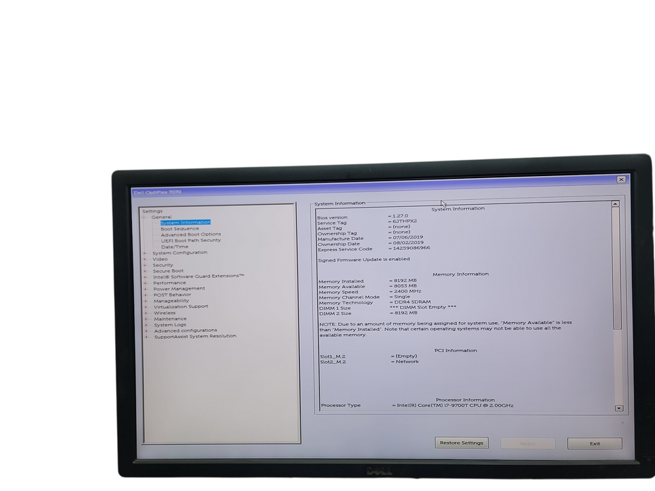 Dell Optiplex 7070 Micro i7 - 9700T @ 2.00GHz 8GB DDR4 Ram No HDD