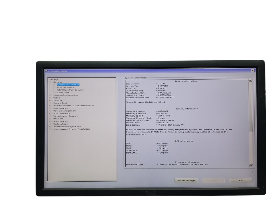 Dell Optiplex 3080 MT i5 - 10500 @ 3.10GHz 8GB DDR4  Ram No HDD