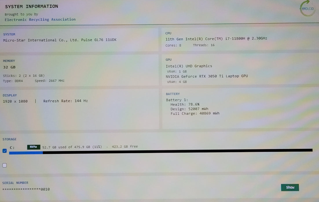 MSI Pulse GL76 i7-11800H 32GB DDR4 4GB RTX 3050 512GB NVMe READ