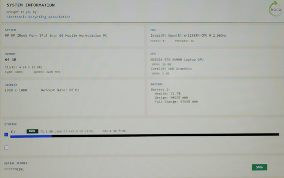 HP ZBook Fury 17.3" G8 Xeon W-11955M 64GB DDR4 16GB RTX A5000 512GB NVMe READ