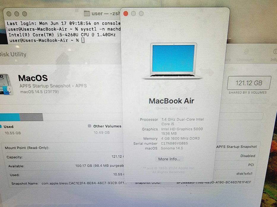 Apple Macbook Air 2014 13" 2-Core i5-4260U @ 1.4GHz 4GB DDR3 120GB SSD [Sonoma OS] (