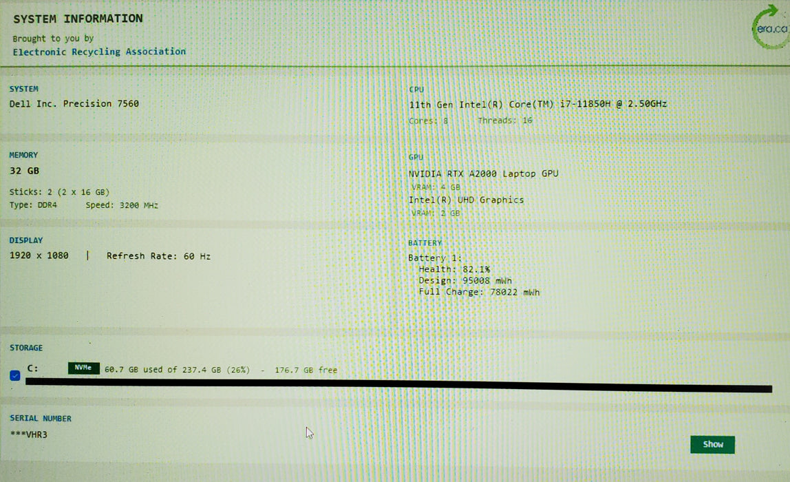 Dell Precision 7560 i7-11850H RTX A2000 4GB GPU 32GB RAM 256GB SSD