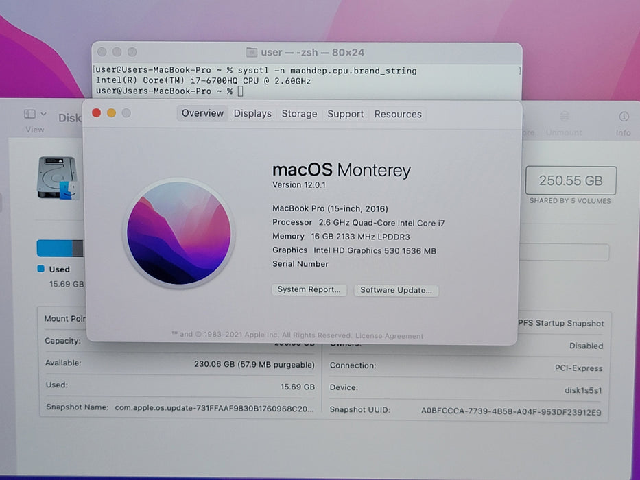 Apple Macbook Pro 2016 15" 4-Core i7-6700HQ @ 2.6GHz 16GB DDR3 250GB SSD [A1707]