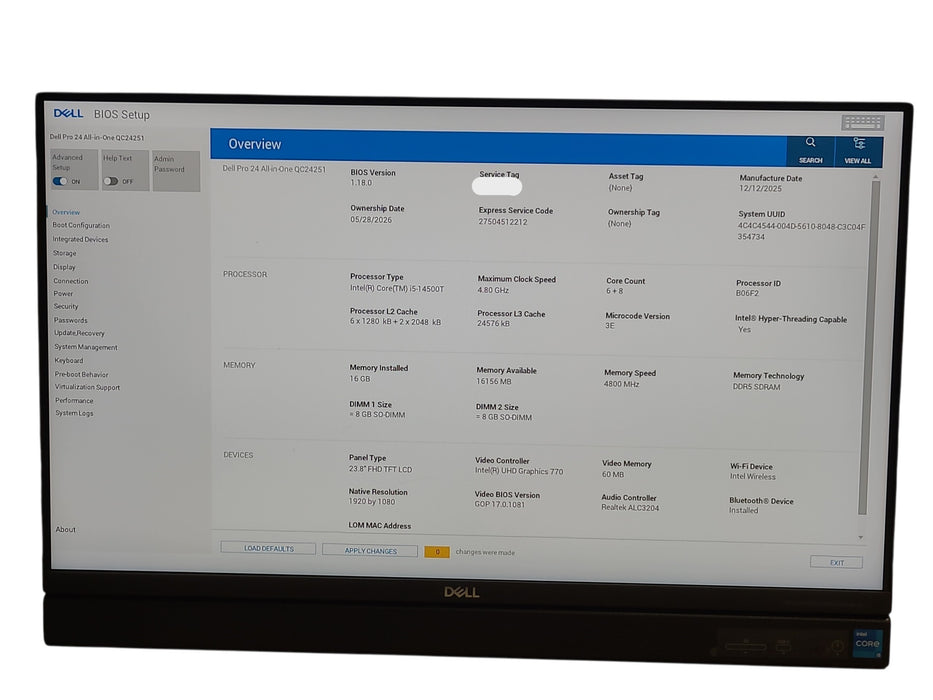 Dell Pro 24 ALL-in-One QC24251 Core i5 - 14500T CPU 16GB DDR5 RAM 256GB NVMe