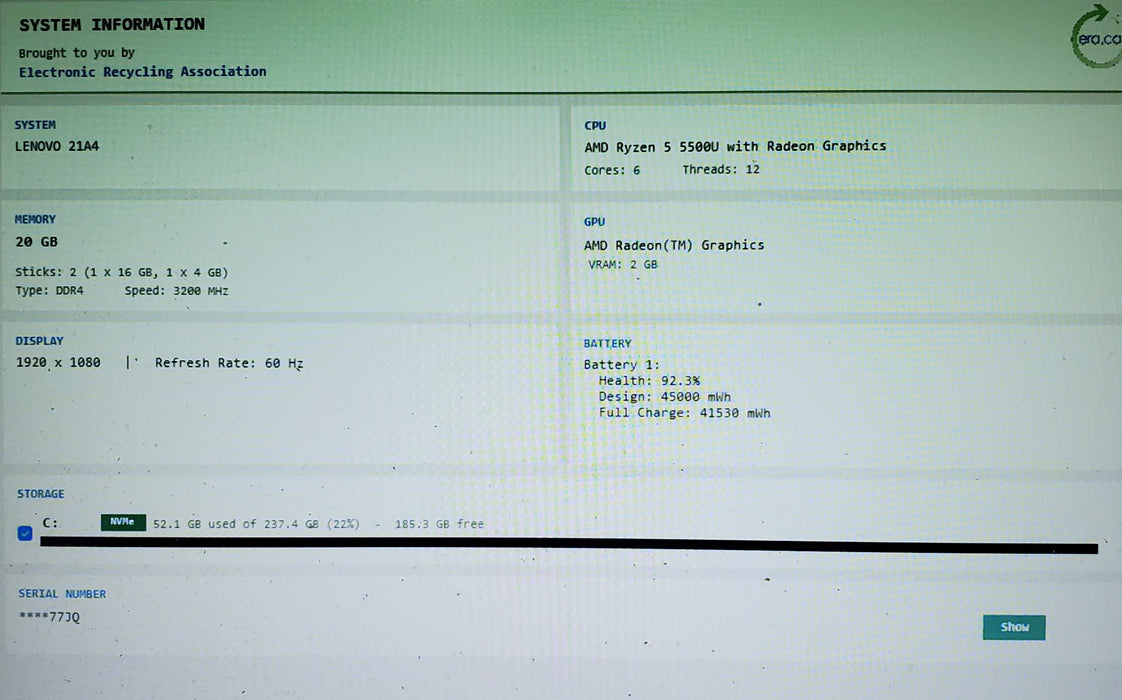 Lenovo Thinkbook 15 G3 ACL AMD Ryzen 5 5500U 20GB RAM 256GB SSD