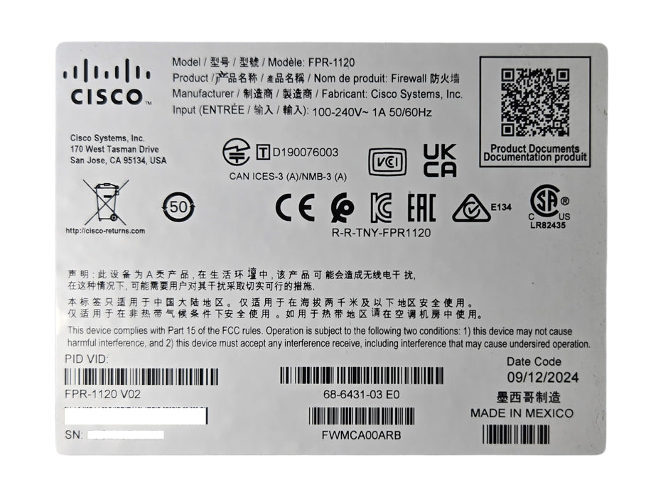 CISCO FIREPOWER FPR-1120 8-port GbE 4-port SFP FIREWALL Device, No SSD, No Tray
