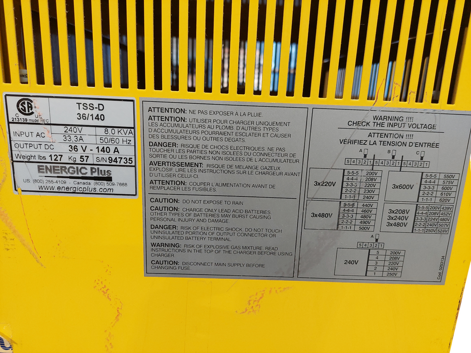 Energic Plus Electric Forklift Charger Model: TSS-D 36/140 240V 33.3A 50/60Hz