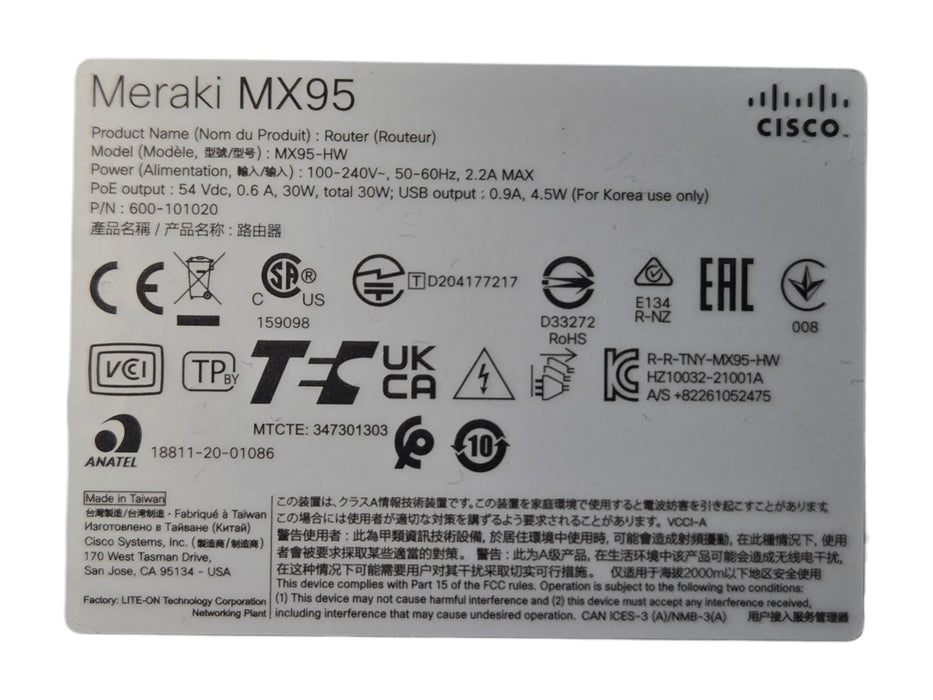 Cisco Meraki MX95-HW Cloud Managed Router Security Appliance UNCLAIMED