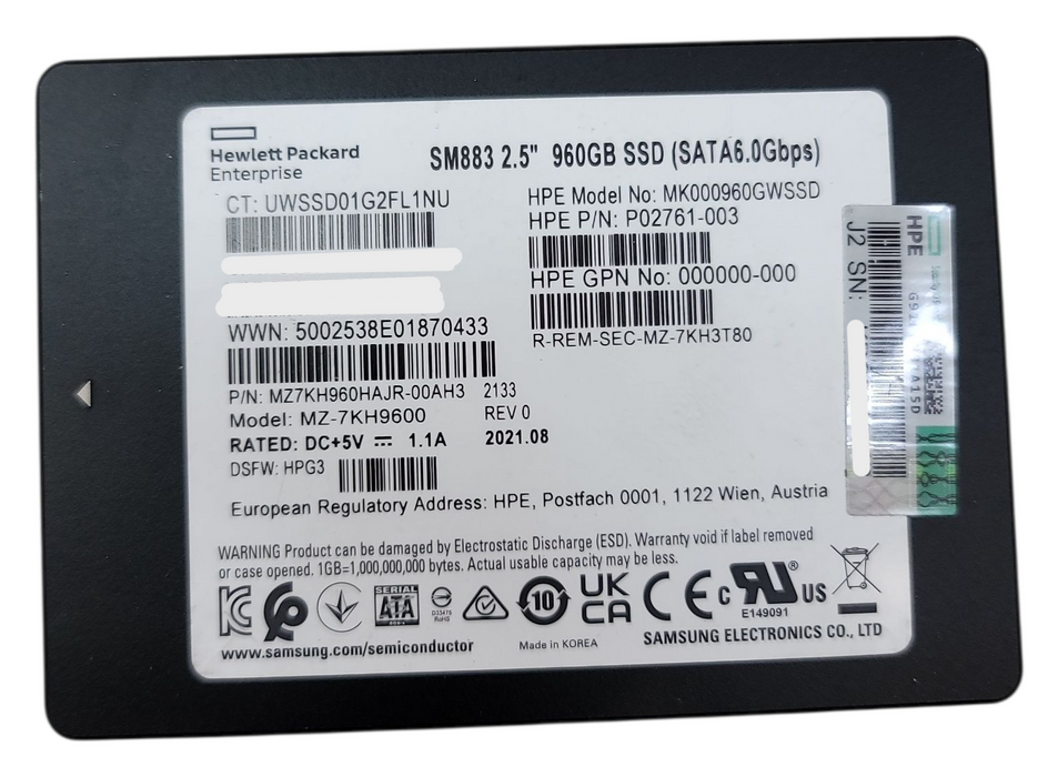 960GB SATA 2.5" 6Gb/s 7mm HPE / Samsung PM883 SSD -  MZ-7KH9600