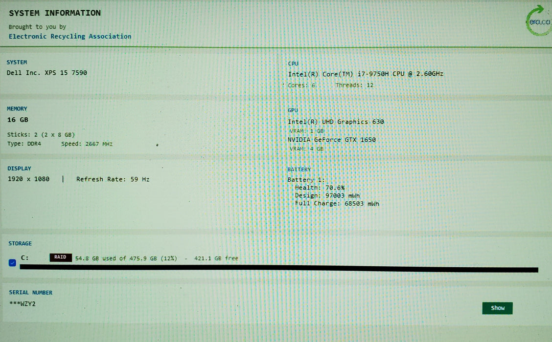 Dell XPS 15 7590 15" i7-9750H GTX1650 4GB GPU 16GB RAM 256GB SSD READ