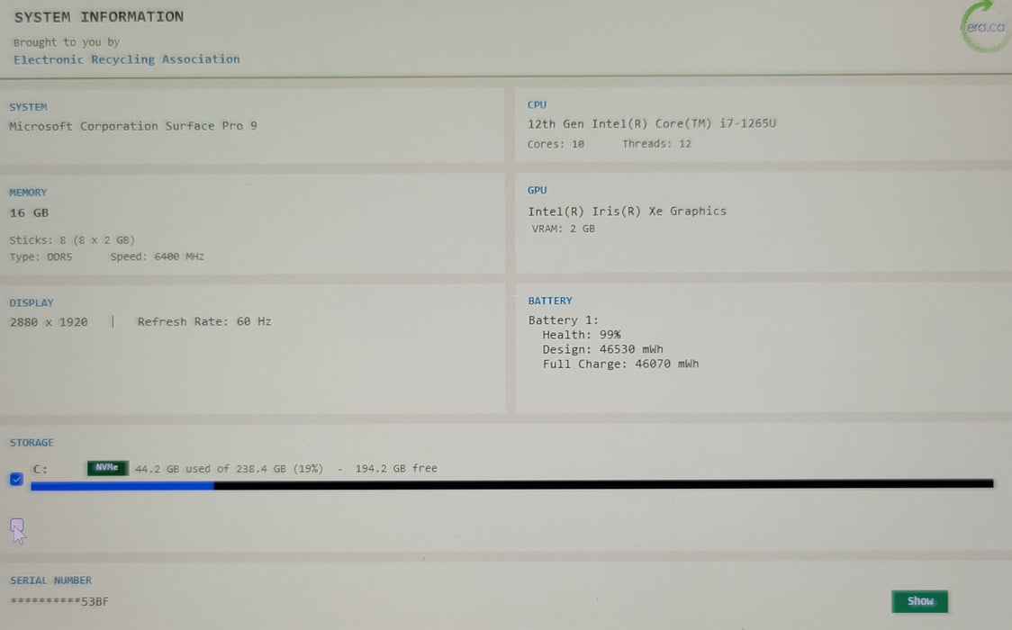 Microsoft Surface Pro 9 2038 I7-1265u 16GB DDR5 256GB NVMe