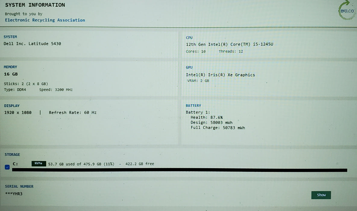 Dell Latitude 5430 14" i5-1245U 16GB DDR4 512GB NVMe READ