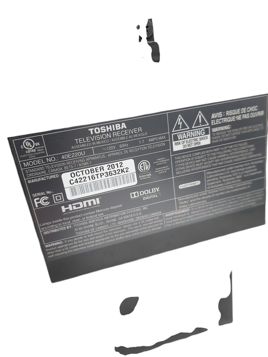 Toshiba 40" Television Model: 40E220U