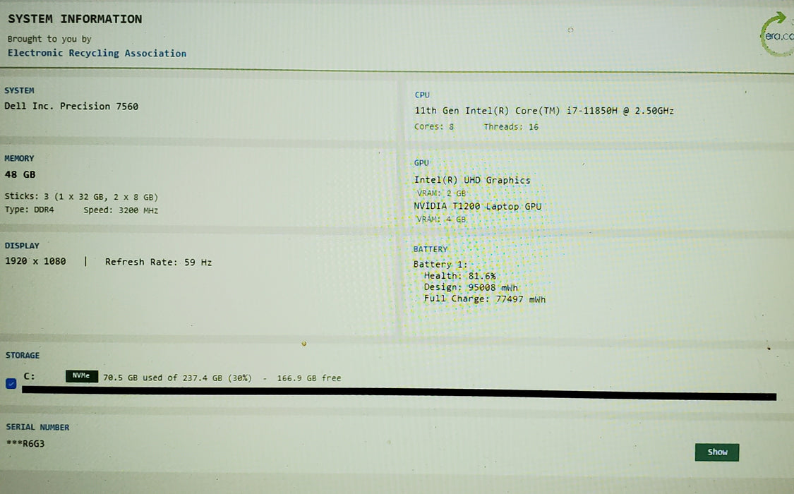 Dell Precision 7560 i7-11850H NVidia T1200 4GB GPU 48GB RAM 256GB SSD