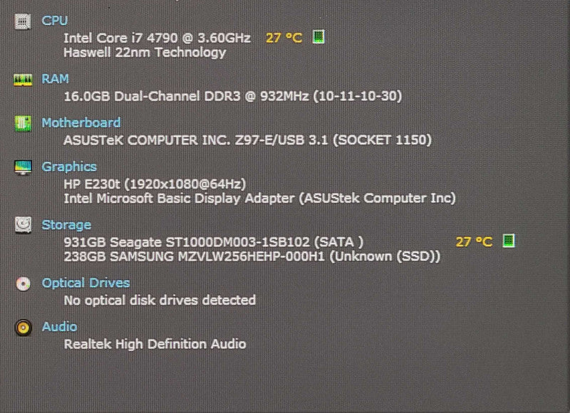 Custom PC/ASUS Z97-E, i7-4790 3.60GHz, 16GB DDR3, 256GB NVMe, 1TB HDD