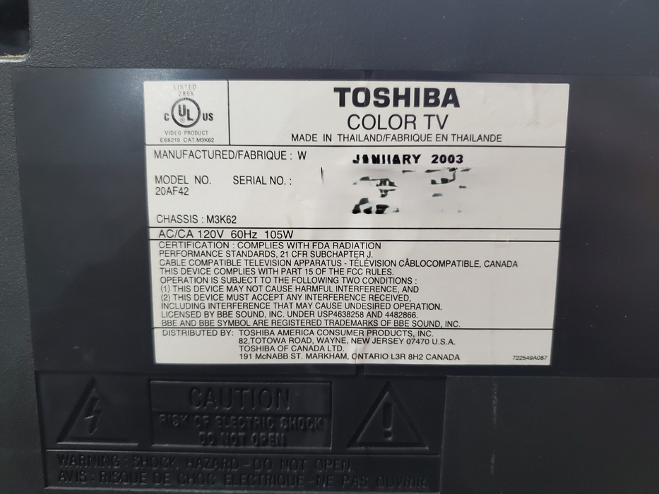 Toshiba 20" Color TV 20AF42 M3K62 - No Remote
