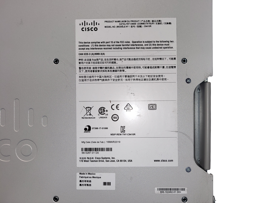 Cisco C9410R Catalyst 9400 5x C9400-LC-48U , 2x C9400 SUP-1, 4x PSU READ