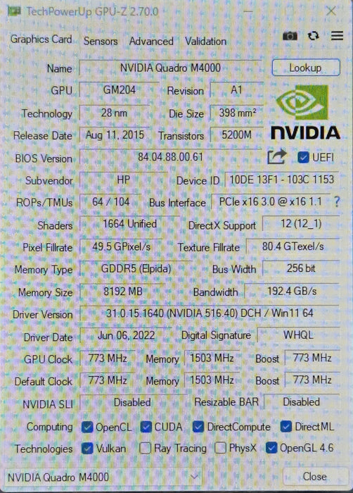 Nvidia Quadro M4000 Graphics Card 8GB GDDR5 4 X DisplayPorts