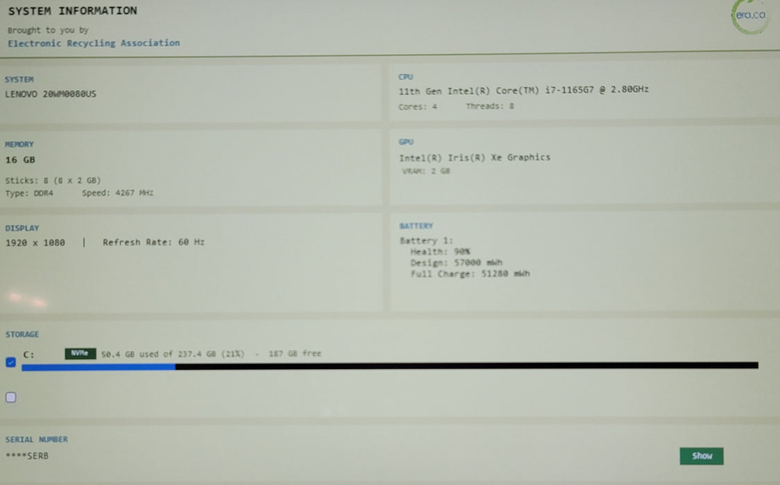 Lenovo ThinkPad T14s Gen 2 i7-1165G7 16GB DDR4 256GB NVMe READ
