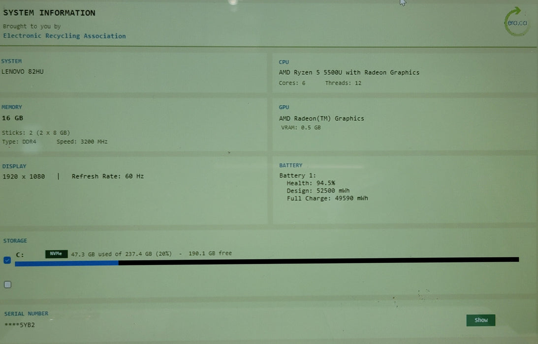 Lenovo IdeaPad Flex 5 14ALC05 14" Ryzen 5 5500U 16GB DDR4 256GB NVMe No Adapter