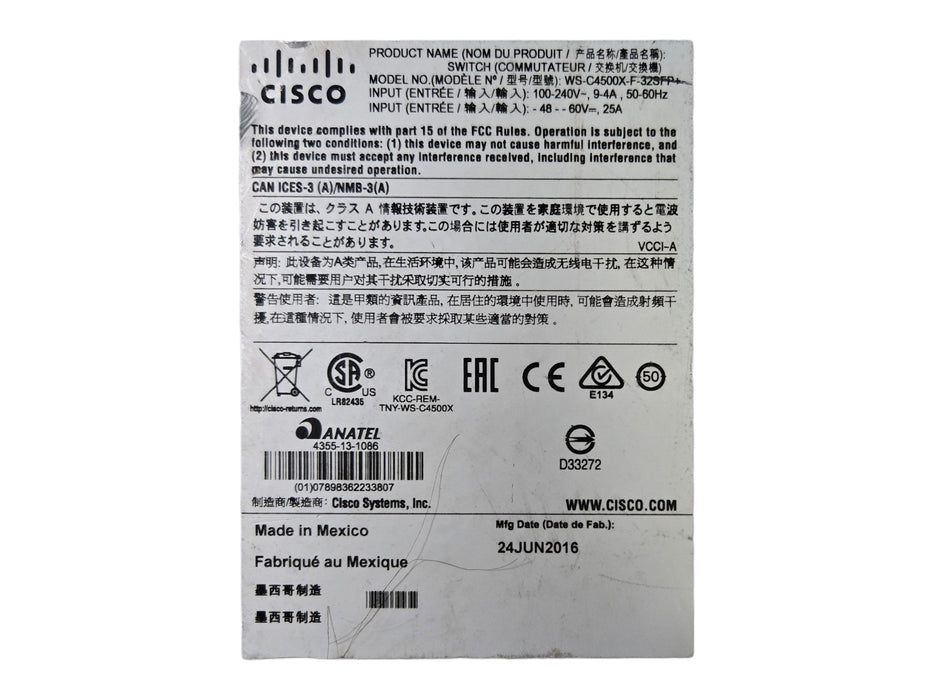 Cisco WS-C4500X-F-32SFP+ 32x 10GB SFP+ Switch w/ 2x PSU