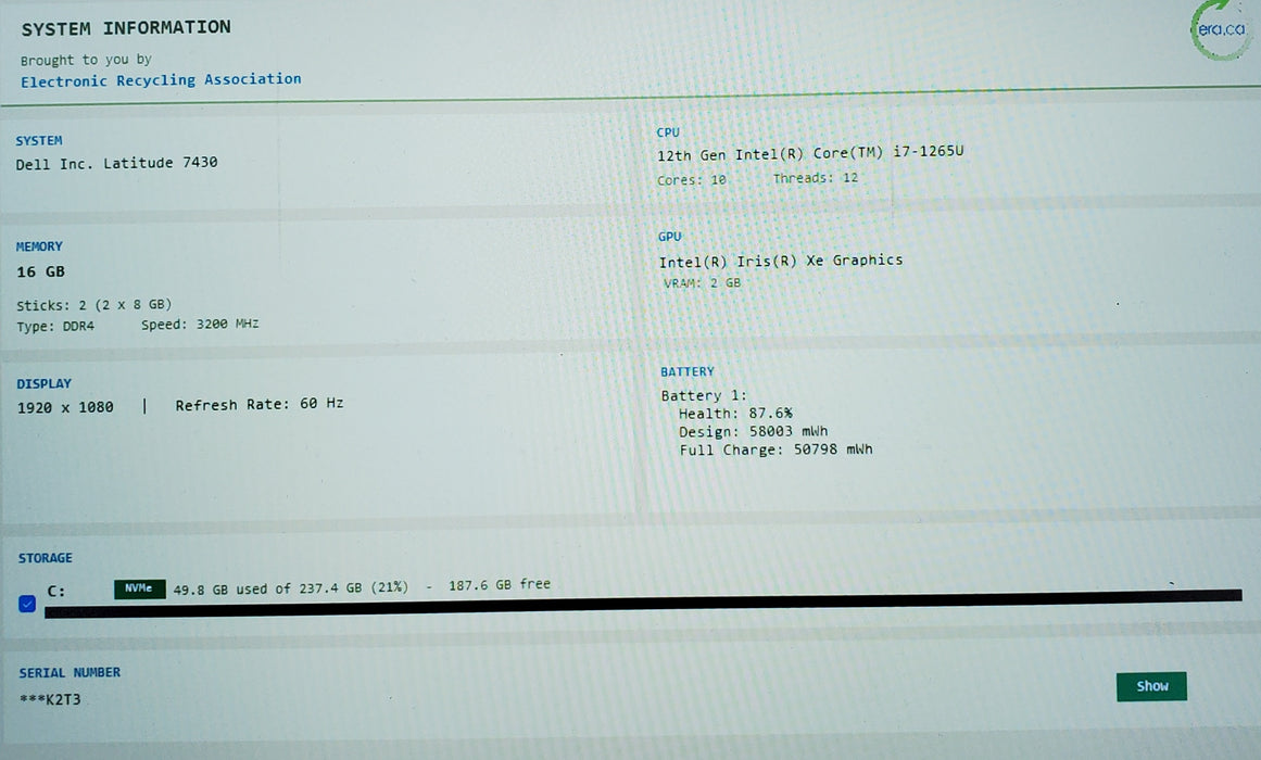 Dell Latitude 7430 14" i7-1265U 16GB DDR4 256GB NVMe READ