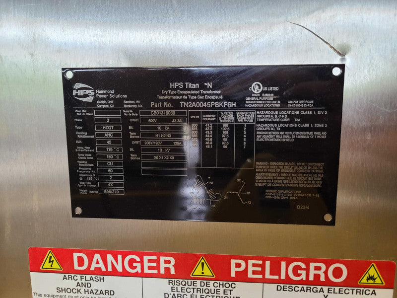 HPS Titan Dry type encapsulated transformer,  Part No: TN2A0045PBKF6H, READ