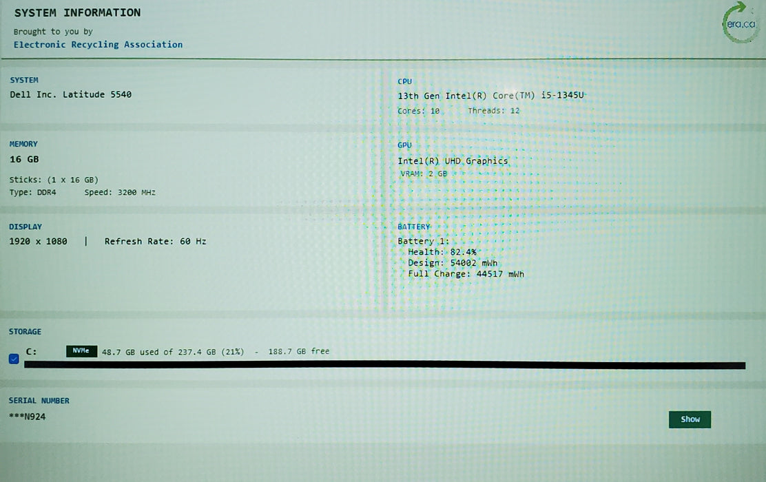 Dell Latitude 5540 15" i5-1345U 16GB DDR4 256GB NVMe no power adapter