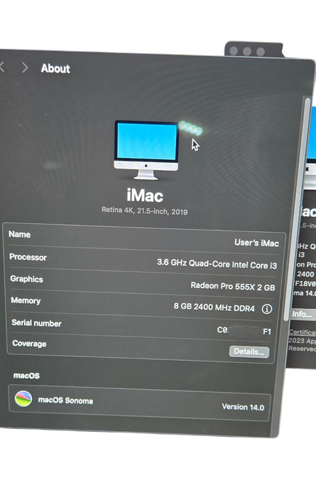 Apple iMac Retina 4K 2019 21" A2116 i3-8100|8GB DDR4|256GB SSD |Raedon 555X GPU