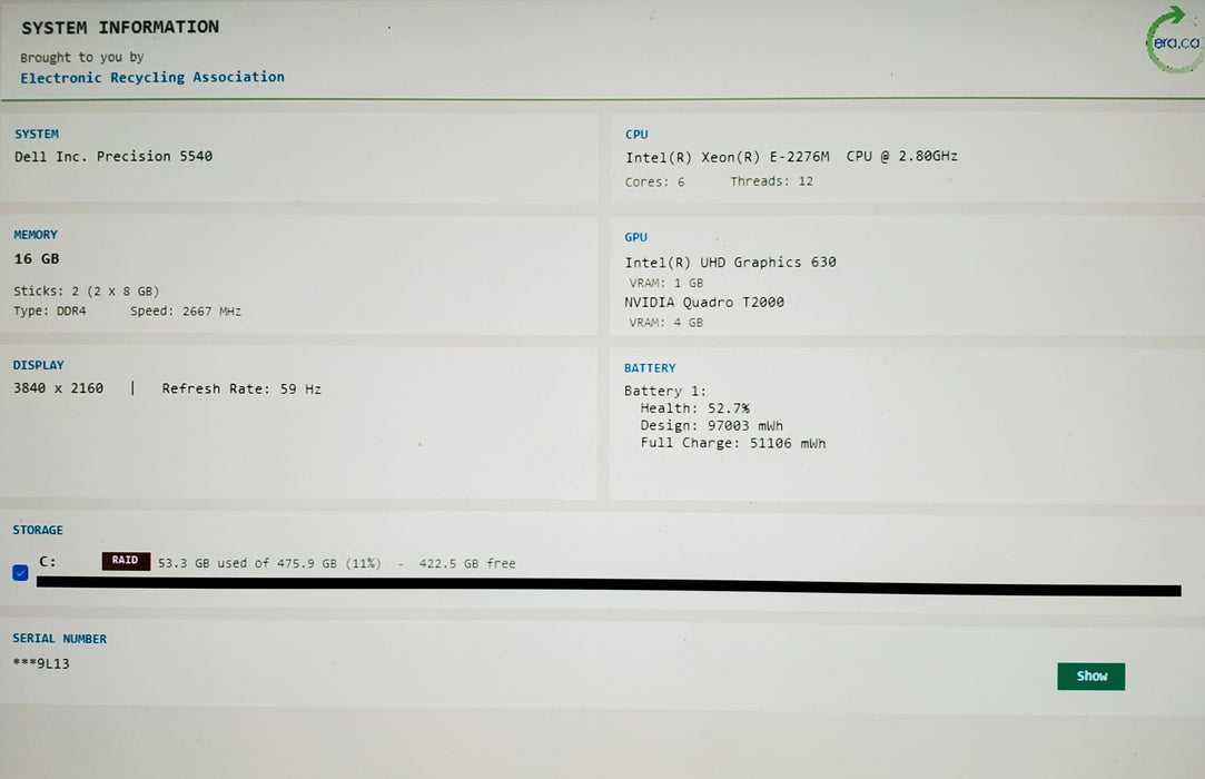 Dell Precision 5540 4K TOUCH Xeon E-2276M 2.8GHz 16GB RAM 512GB SSD T2000 READ