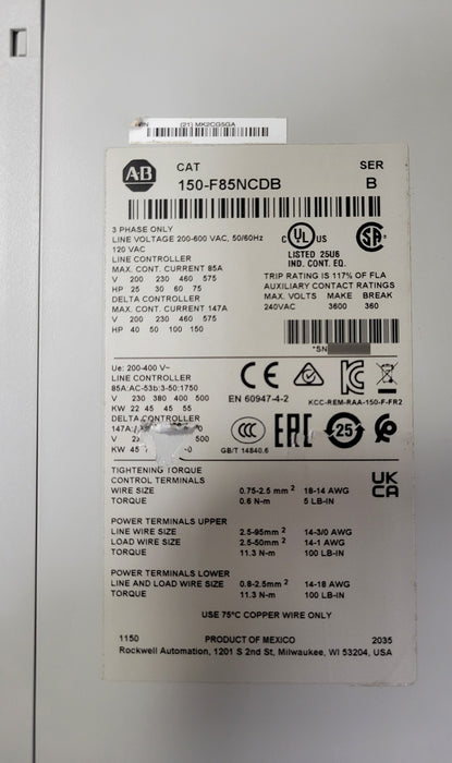 Allen-Bradley 150-F85NCDB Ser B SMC Flex Smart Motor Controller Power Base 85A