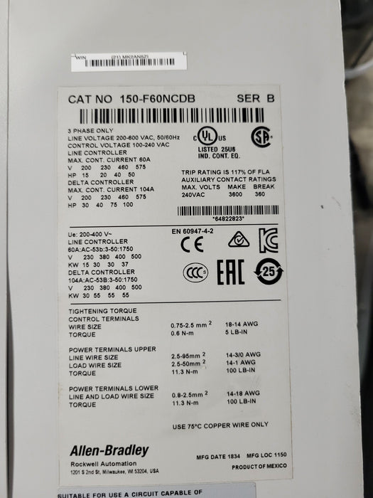 Allen-Bradley 150-F60NCDB SMC-Flex Smart Motor Controller 60A 200-600V Ser B