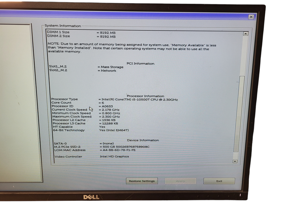 Dell Optiplex 3080 Micro i5-10500T @ 2.30GHz 16GB DDR4 500GB NVMe w/ AC