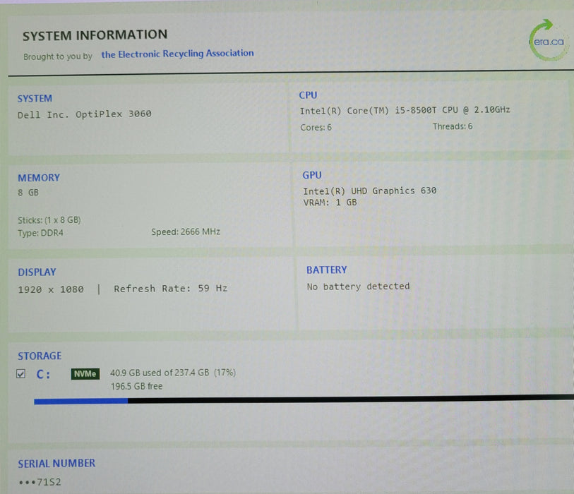 Dell OptiPlex 3060 Micro, Core i5-8500T 2.10GHz 8GB DDR4, 256GB SSD, WI-FI, READ