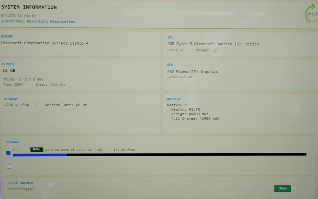 Microsoft Surface Laptop 4 1959 Ryzen 5 MSE 16GB DDR4 256GB NVMe READ