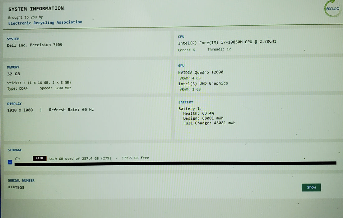Dell Precision 7550 i7-10750H 32GB DDR4 Quadro T2000 256GB NVMe READ