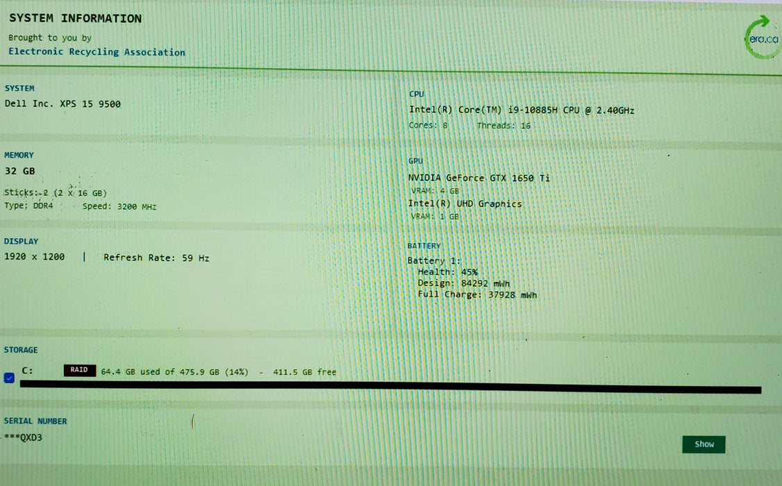 Dell XPS 15 9500 i9-10885H GTX1650 4GB GPU 32GB RAM 512GB SSD No Power Adapter