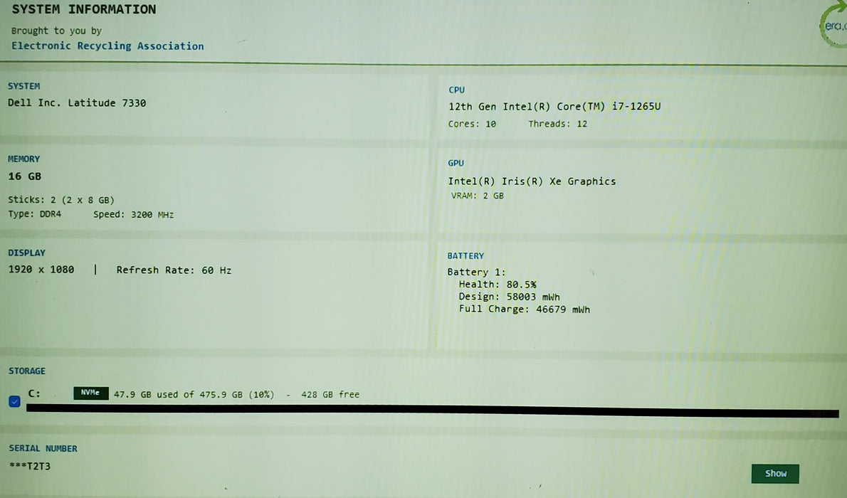 Dell Latitude 7330 Core i7-1265U 1.80GHz 16GB RAM 512GB SSD