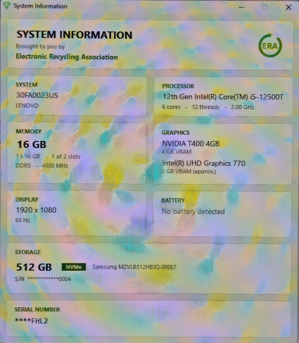 Lenovo ThinkStation P360 Tiny - i5-12500T 16GB RAM 512GB SSD NVIDIA T400 4GB