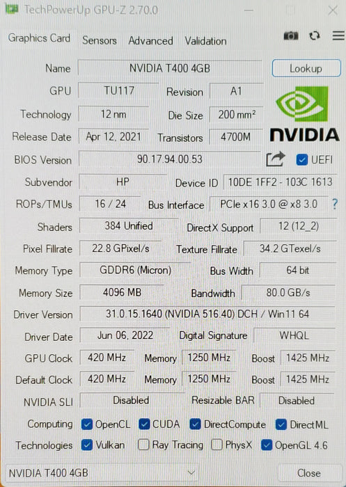 NVIDIA Quadro T400 4GB GDDR6 Low Profile Graphics Card - 3x Mini DisplayPort