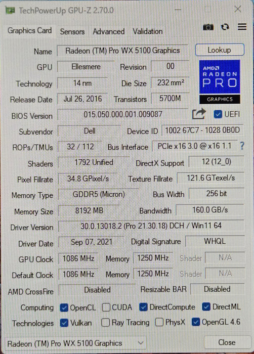 AMD Radeon Pro WX 5100 - 8GB GDDR5 4x DisplayPort Workstation GPU