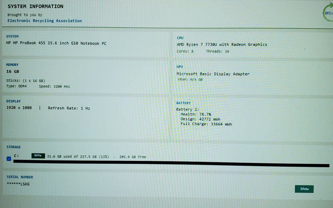 HP ProBook 455 G10 AMD Ryzen 7 7730U@2GHz 16GB RAM 256GB SSD READ