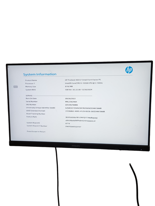 HP ProDesk 400 G7 SFF Intel i5-10500 CPU @3.10GHz, 8GB RAM NO-HDD/SSD