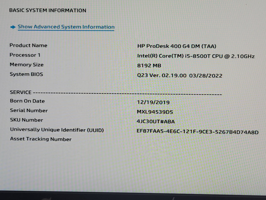 HP ProDesk 400G4 Mini, Core I5-8500T 2.10GHz 8GB DDR4 250GB SSD, Wi-Fi