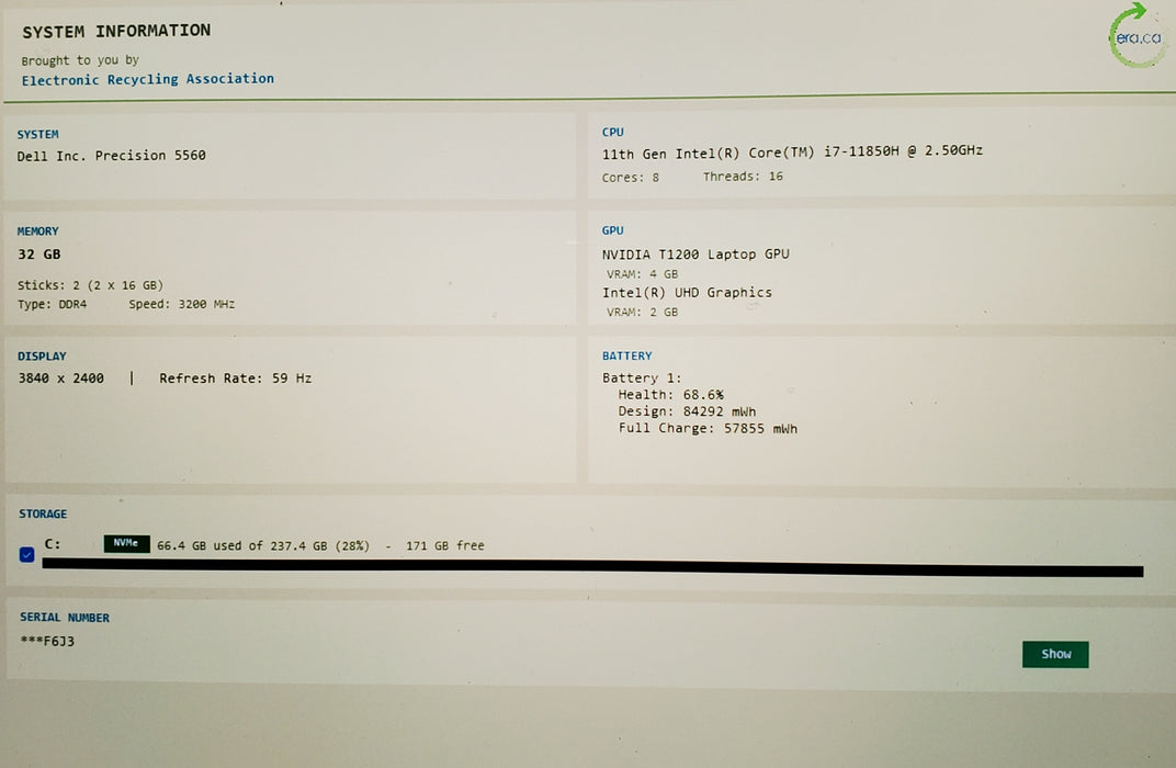 Dell Precision 5560 4K TOUCH i7-11850H Nvidia T1200 32GB RAM 256GB SSD READ