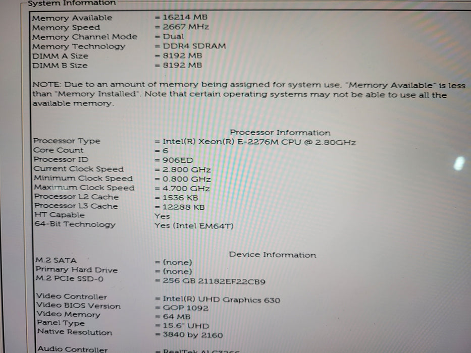 Dell Precision 5540 4K TOUCH Xeon E-2276M 2.8GHz 16GB RAM 256GB SSD T2000