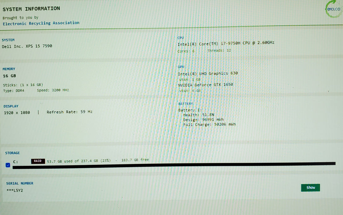 Dell XPS 15 7590 15" i7-9750H GTX1650 4GB GPU 16GB RAM 256GB SSD