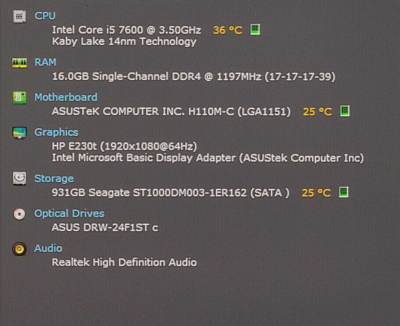Custom PC/ASUS H110M-C, i5-7600 3.50GHz, 16GB DDR4, 1TB HDD, WiFi