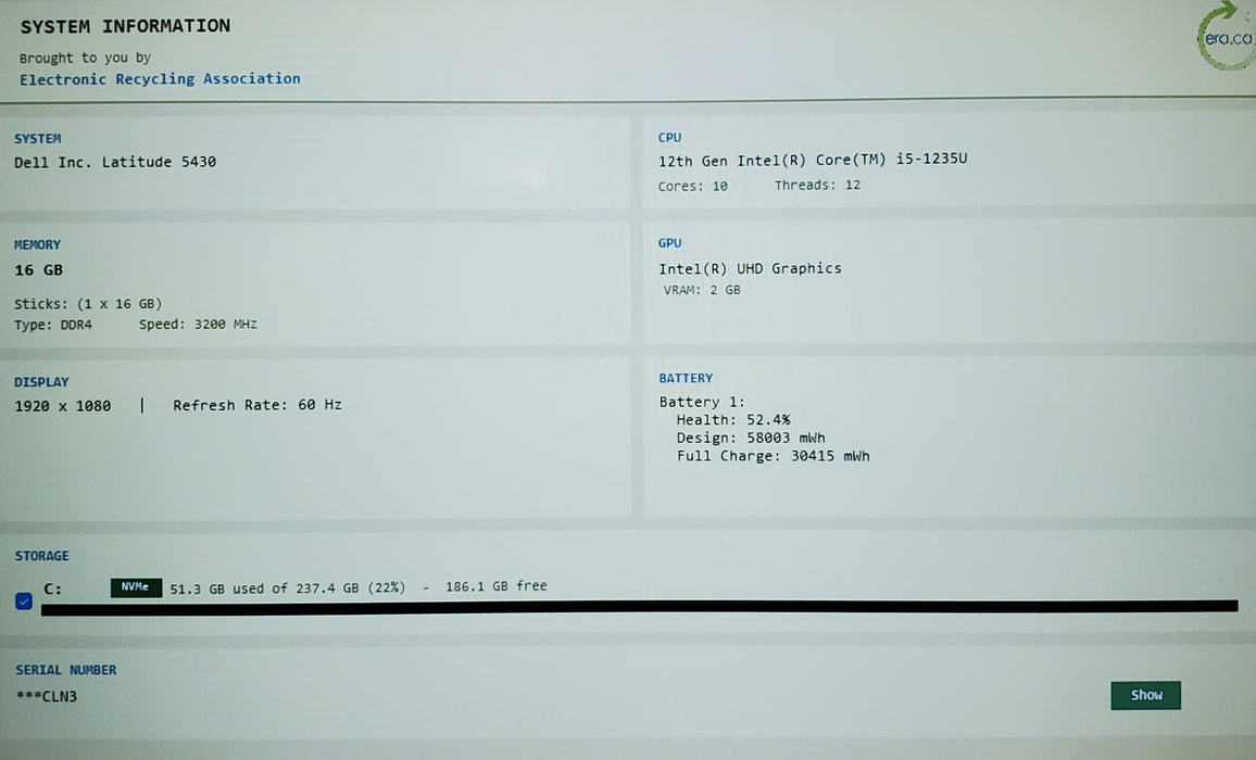 Dell Latitude 5430 14" i5-1245U 16GB DDR4 256GB NVMe READ